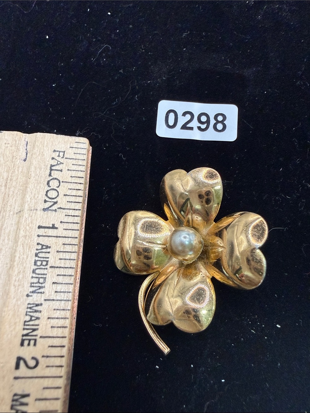 Gold-Tone Heart Petal Floral Brooch with Pearl Accent